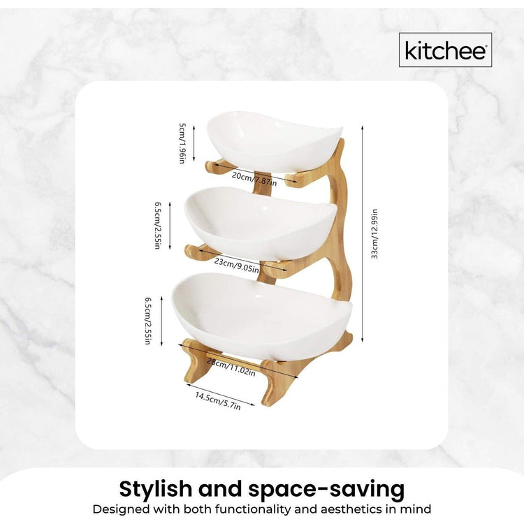 3 Tier Porcelain Fruit Bowl - Ceramic Vegetable Storage With Bamboo Stand - Magdasmall