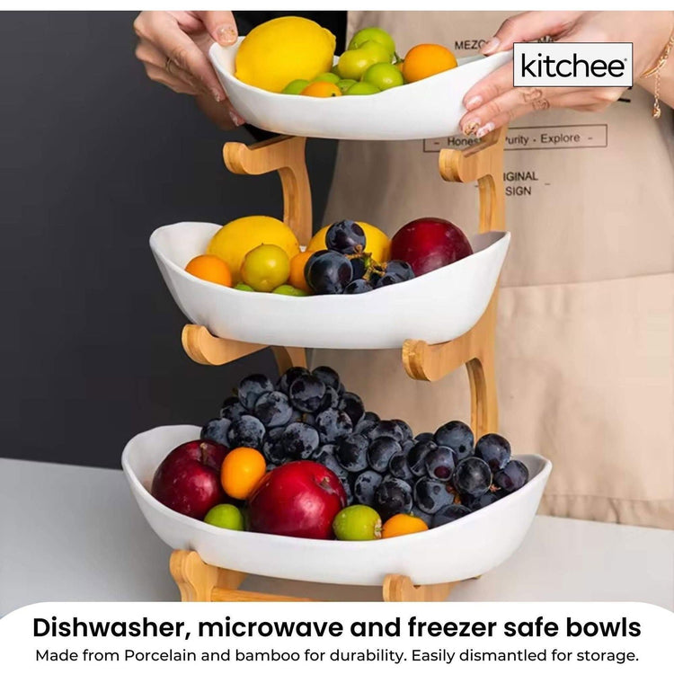 3 Tier Porcelain Fruit Bowl - Ceramic Vegetable Storage With Bamboo Stand - Magdasmall