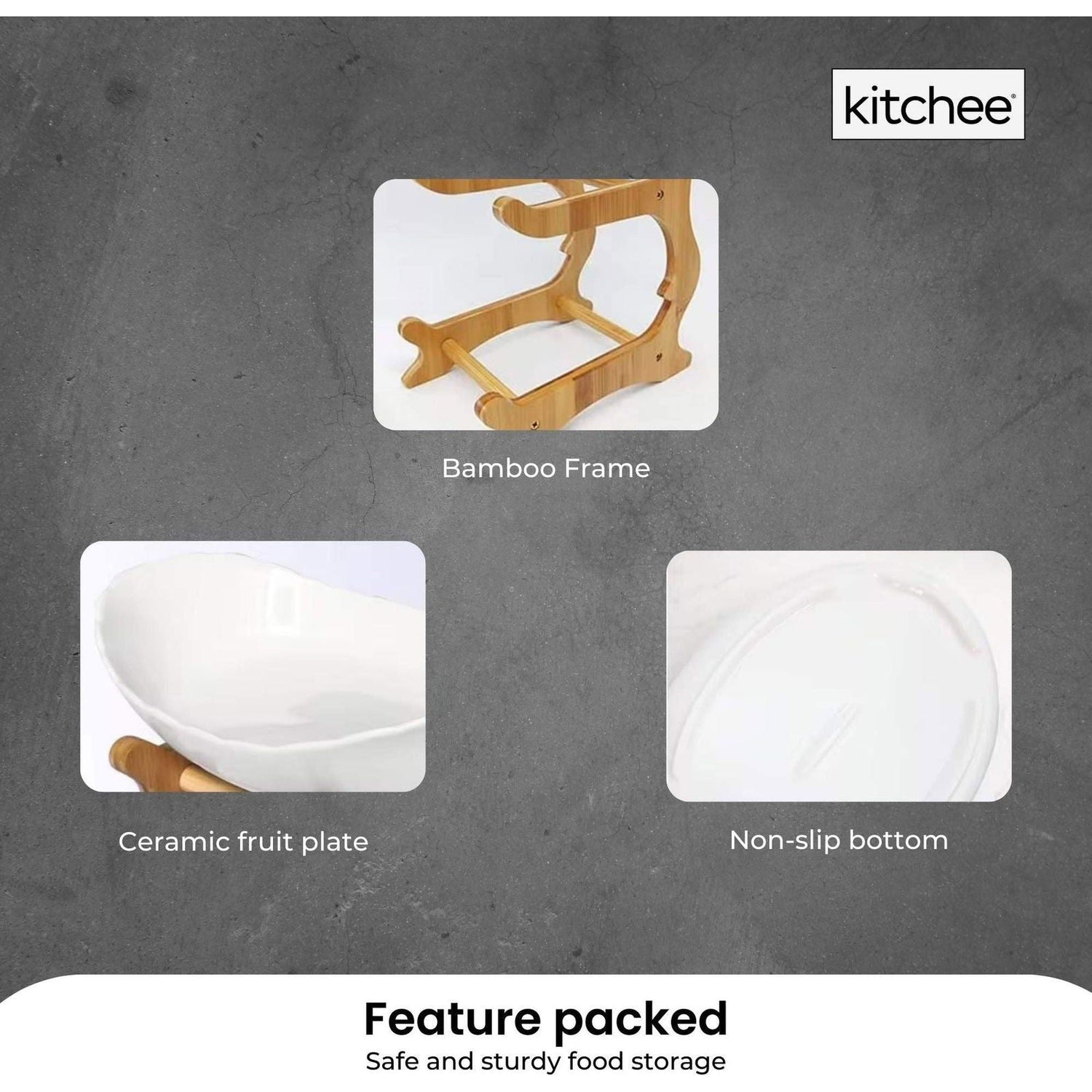 3 Tier Porcelain Fruit Bowl - Ceramic Vegetable Storage With Bamboo Stand - Magdasmall