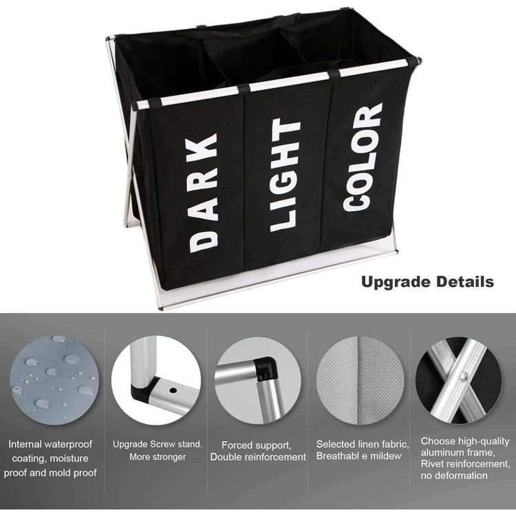 3 in 1 Large 135L Laundry Clothes Hamper Basket with Waterproof bags and Aluminum Frame (Black) - Magdasmall
