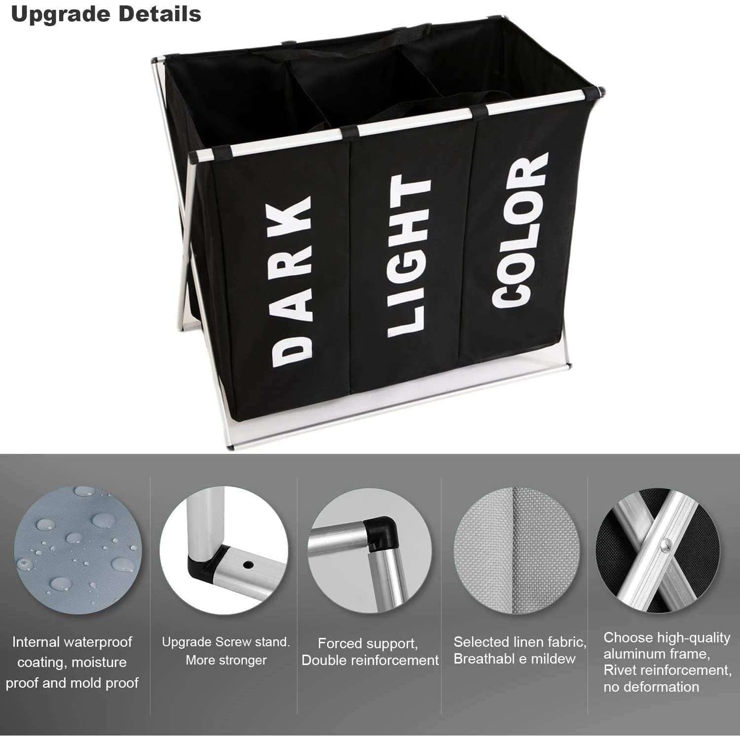 3 in 1 Large 135L Laundry Clothes Hamper Basket with Waterproof bags and Aluminum Frame (Black) - Magdasmall