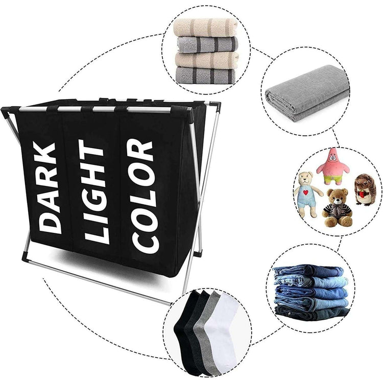 3 in 1 Large 135L Laundry Clothes Hamper Basket with Waterproof bags and Aluminum Frame (Black) - Magdasmall