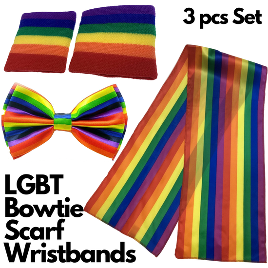 3pcs Set LGBT Rainbow Stripe Tie + Scarf + Wristbands Gay Pride Lesbian Party - Magdasmall