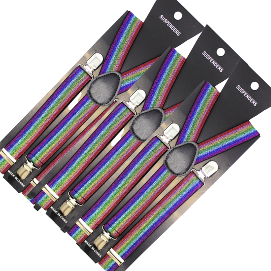 3x Mens Suspenders Braces Adjustable Strong Clip On Elastic Formal Wedding Slim - Rainbow (Glitter) - Magdasmall