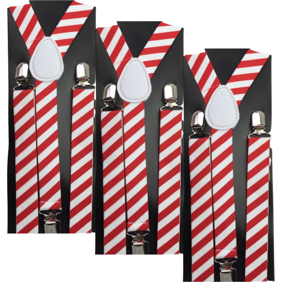 3x Mens Suspenders Braces Adjustable Strong Clip On Elastic Formal Wedding Slim - Red/White Diagonal Stripes - Magdasmall