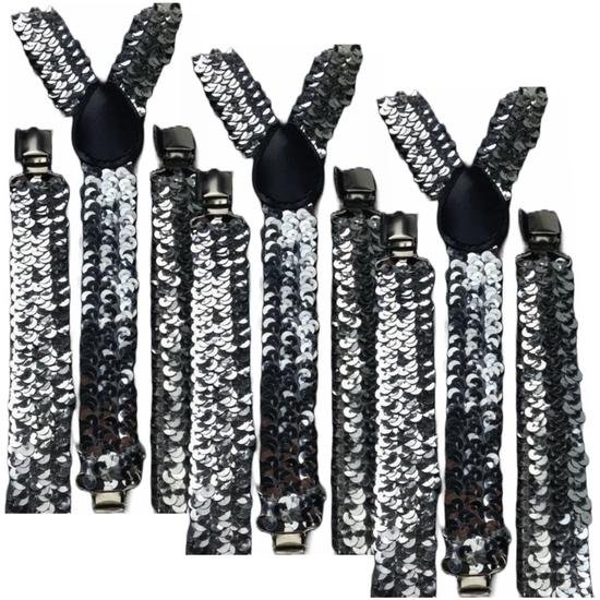 3x Mens Suspenders Braces Adjustable Strong Clip On Elastic Formal Wedding Slim - Silver (Sequin) - Magdasmall