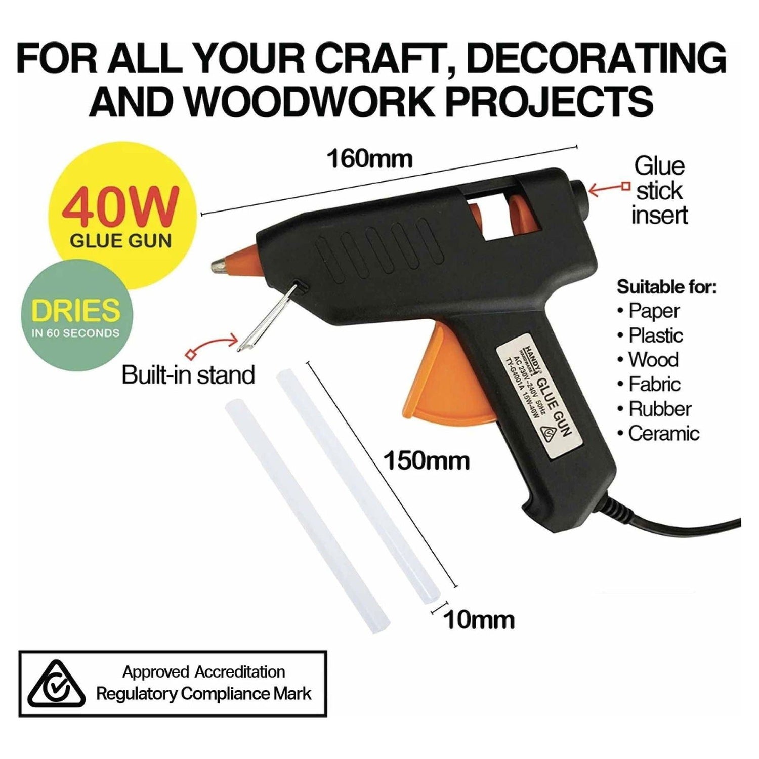 40w Hot Glue Gun Handy Hardware SAA RCM Craft Adhesive 2x 11mmx100mm Sticks - Magdasmall