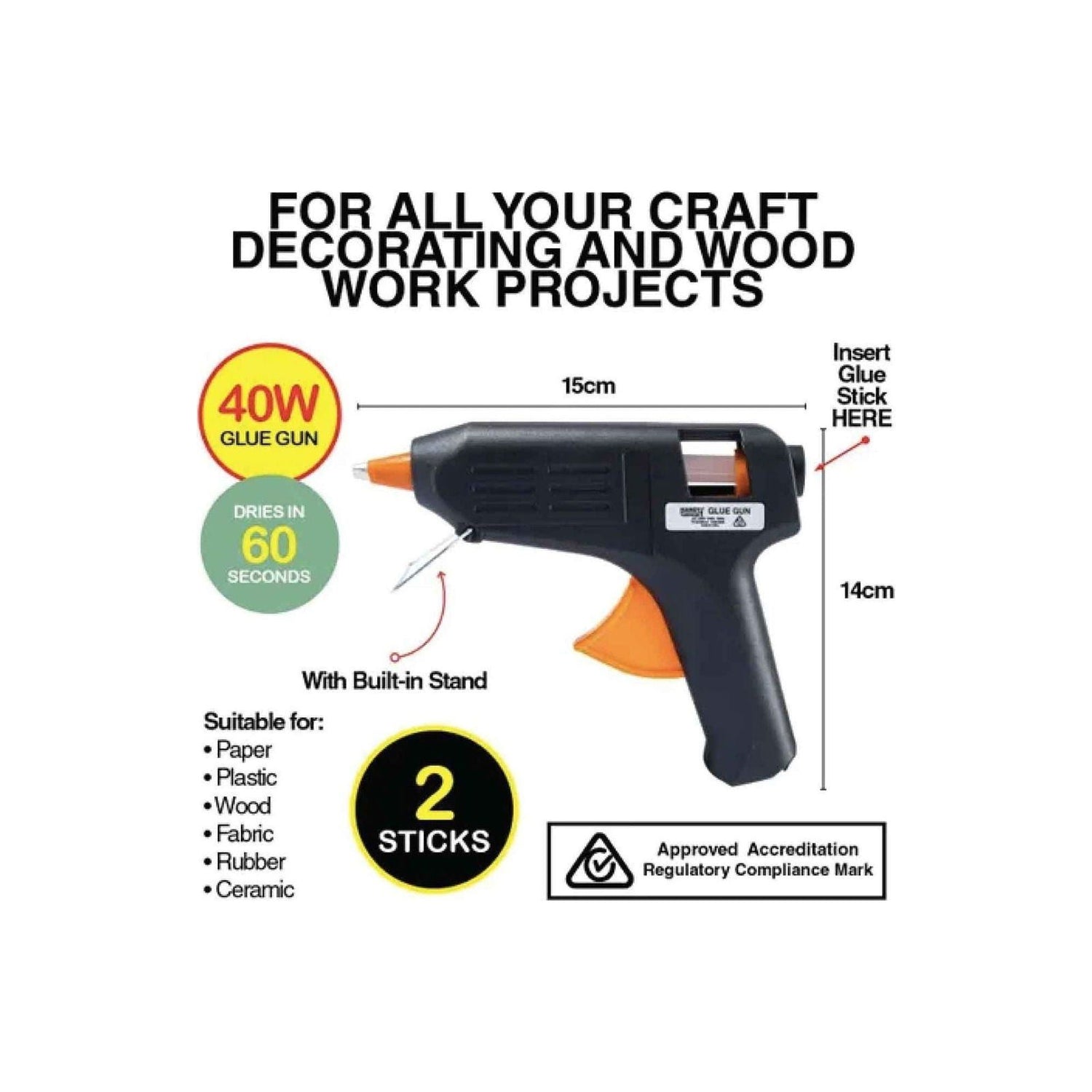 40w Hot Glue Gun Handy Hardware SAA RCM Craft Adhesive 2x 11mmx100mm Sticks - Magdasmall