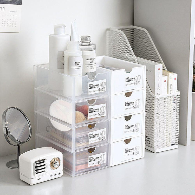 4 Pcs Set Stackable Desktop storage Box Drawer Transparent Plastic Stationery Cosmetic Organizer Box(Clear) - Magdasmall