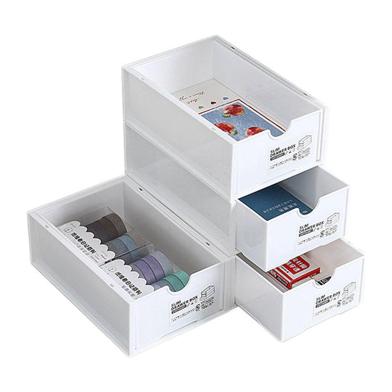 4 Pcs Set Stackable Desktop storage Box Drawer Transparent Plastic Stationery Cosmetic Organizer Box(White) - Magdasmall