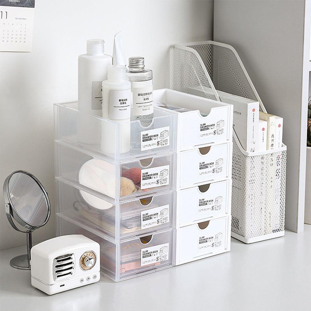 4 Pcs Set Stackable Desktop storage Box Drawer Transparent Plastic Stationery Cosmetic Organizer Box(White) - Magdasmall