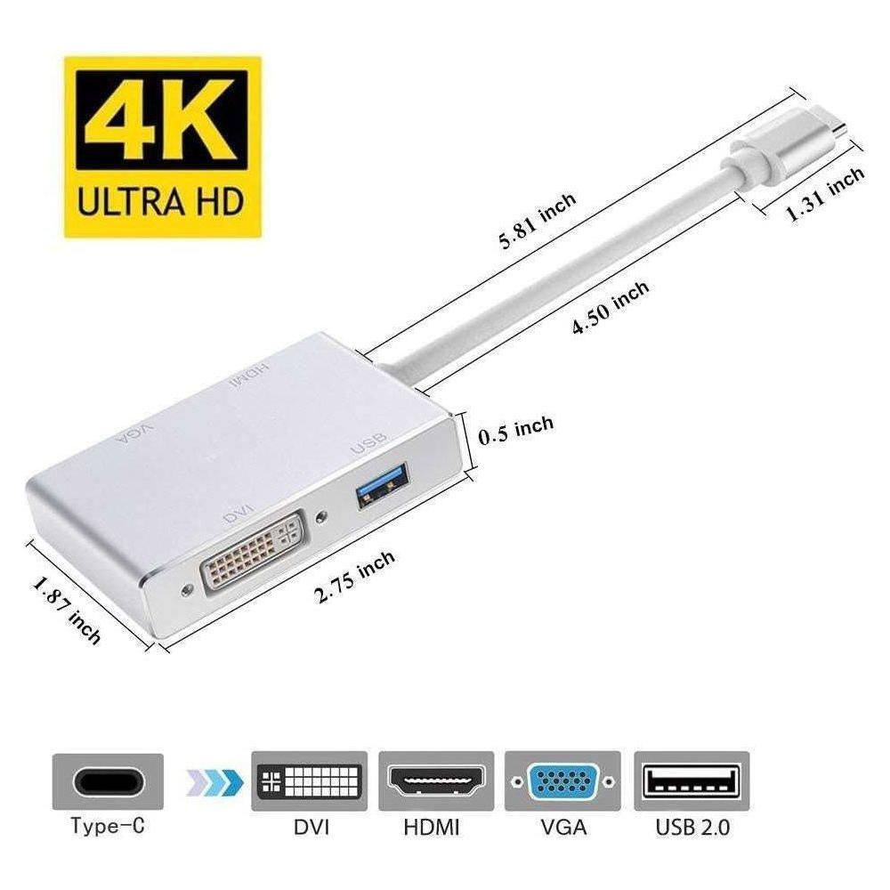4in1 USB 3.1 Type-C Hub to HDMI Video Adapter 4K Male to Female Converter - Magdasmall