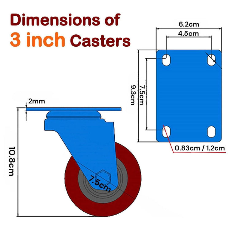 4x 3 inch Heavy Duty 2x Fixed + 2x Swivel Casters Load 300kg Castor Caster Wheels Swivel Casters with Brakes - Magdasmall