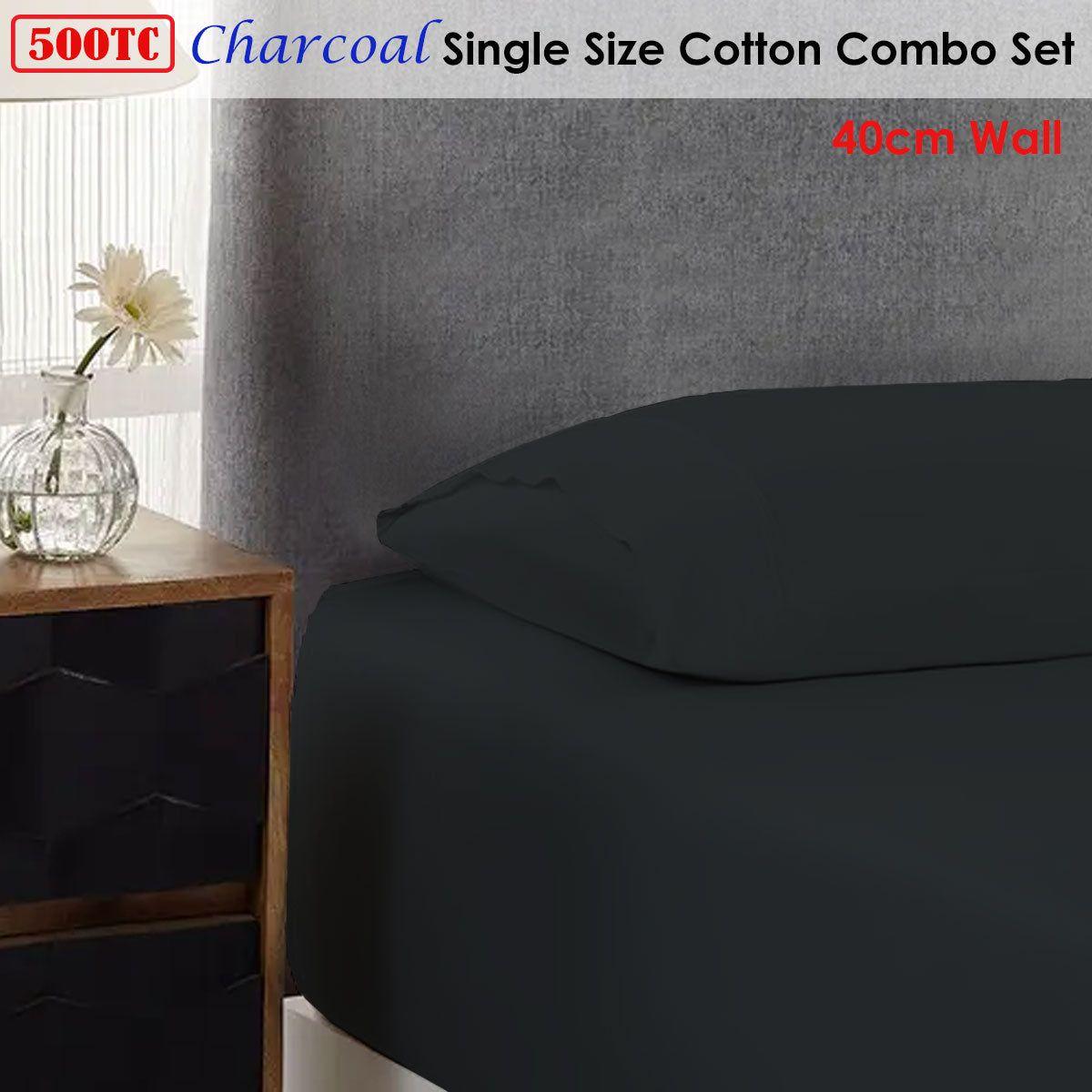 500TC Cotton Combo Set Charcoal Single 40cm Wall - Magdasmall