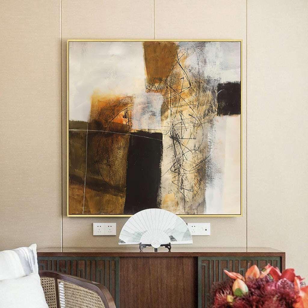 50cmx50cm Abstract gold brown painting style Gold Frame Canvas Wall Art - Magdasmall