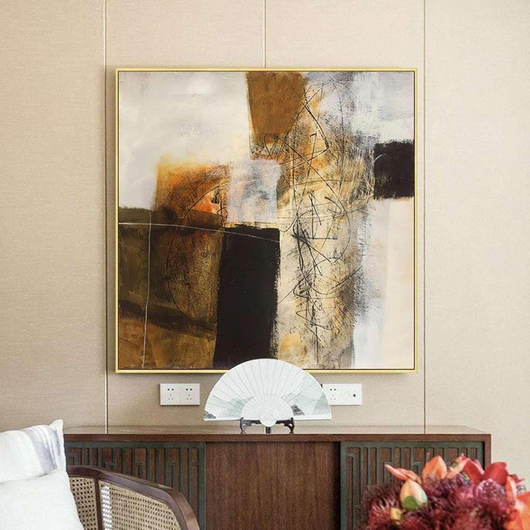 50cmx50cm Abstract gold brown painting style Gold Frame Canvas Wall Art - Magdasmall