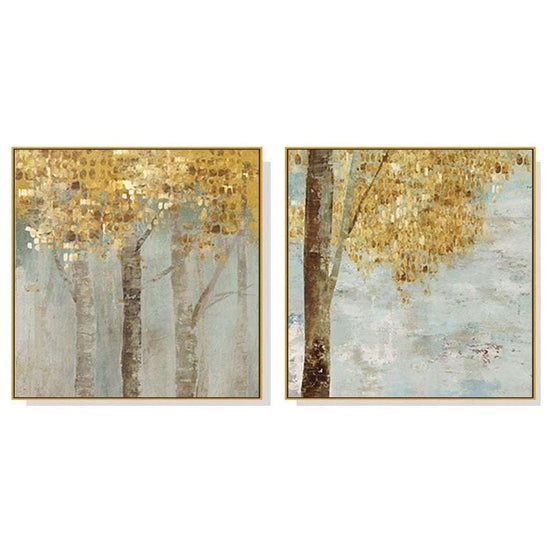 50cmx50cm Golden Leaves 2 Sets Gold Frame Canvas Wall Art - Magdasmall