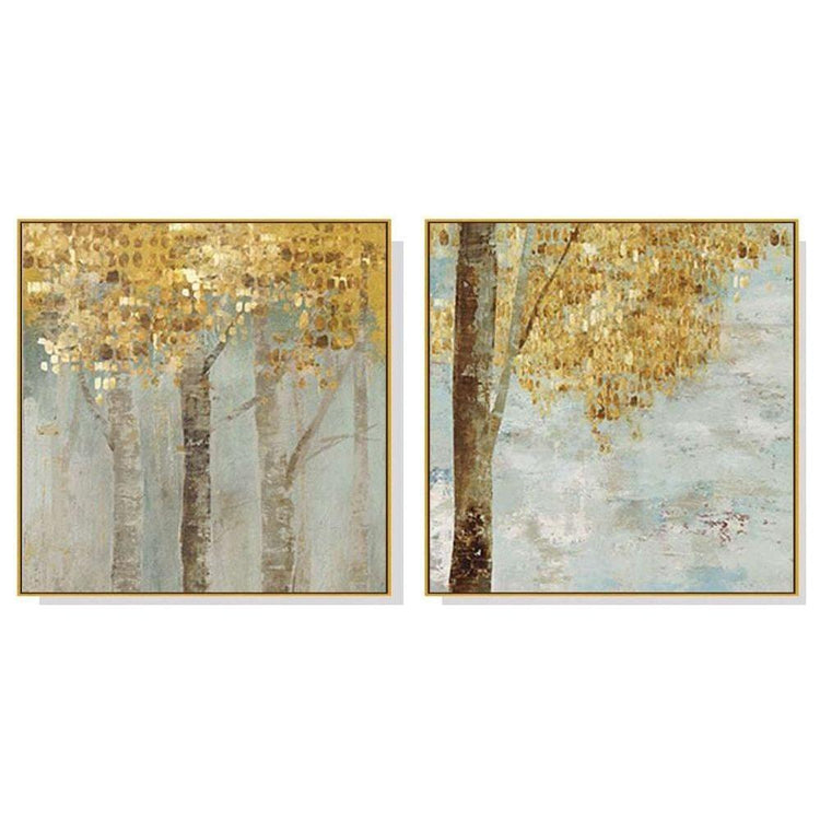 50cmx50cm Golden Leaves 2 Sets Gold Frame Canvas Wall Art - Magdasmall