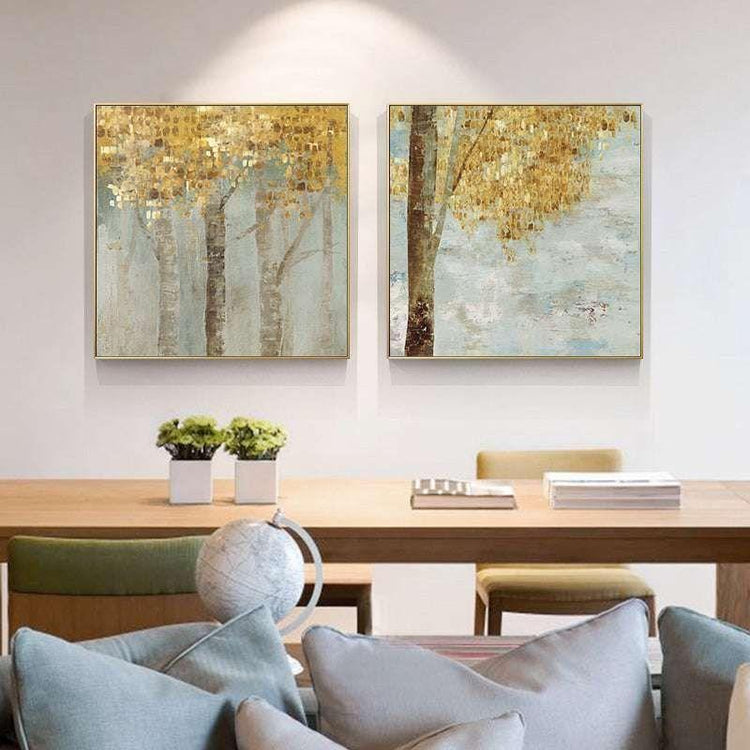 50cmx50cm Golden Leaves 2 Sets Gold Frame Canvas Wall Art - Magdasmall
