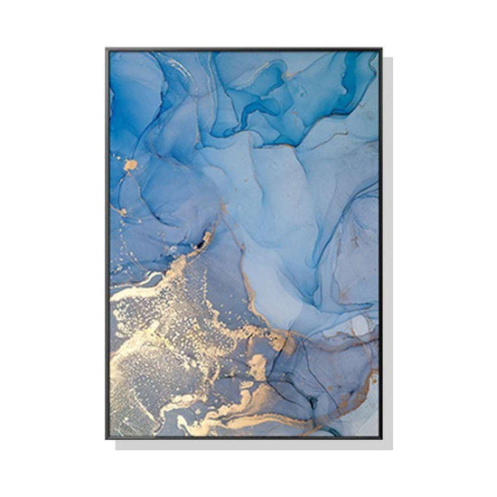 50cmx70cm Light Blue Marble With Gold Splash Black Frame Canvas Wall Art - Magdasmall