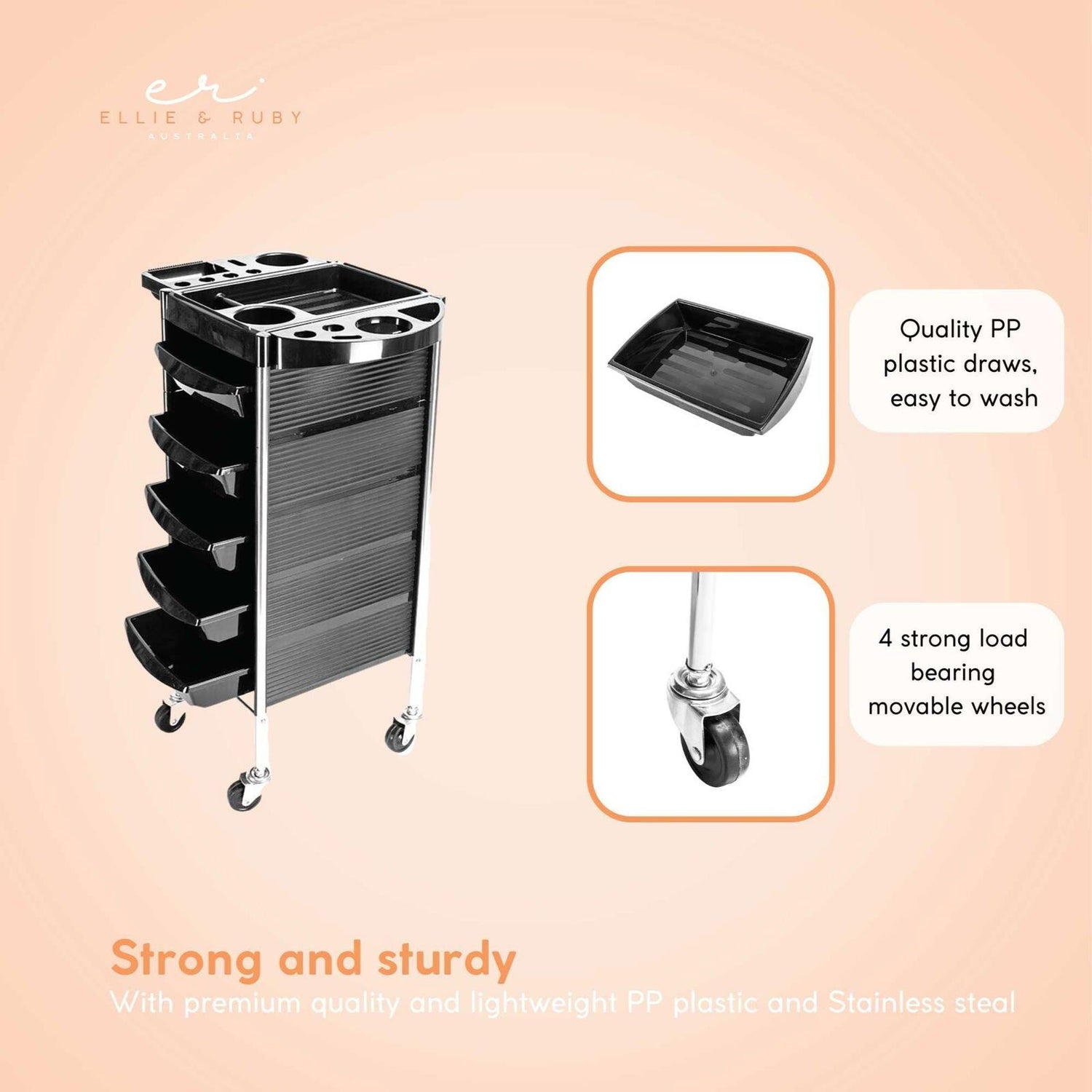 5 Drawer Hairdressing Trolley Black 90x30x36cm Hair Salon Beauty Rolling Cart - Magdasmall