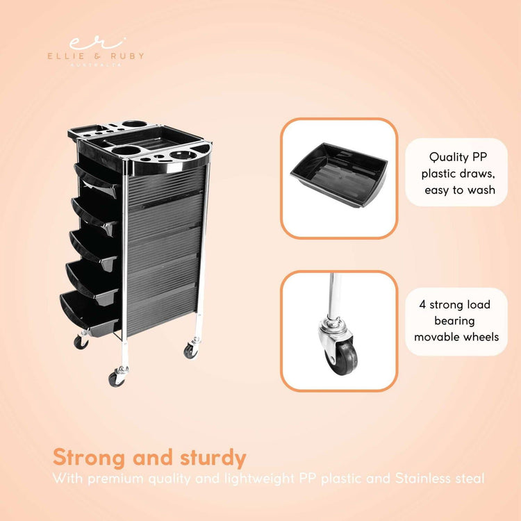 5 Drawer Hairdressing Trolley Black 90x30x36cm Hair Salon Beauty Rolling Cart - Magdasmall