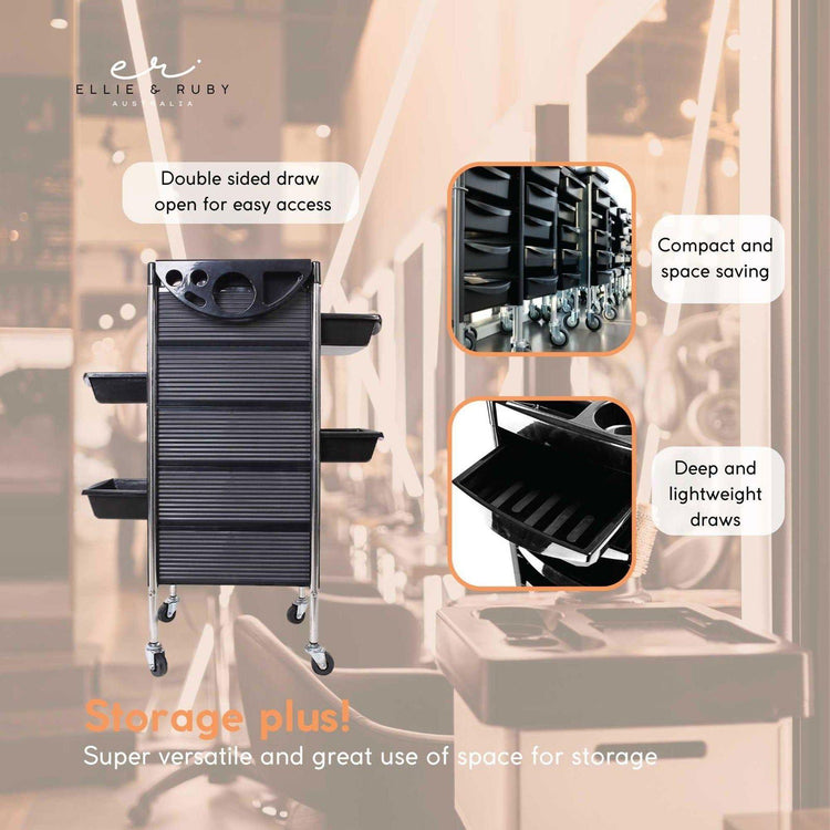 5 Drawer Hairdressing Trolley Black 90x30x36cm Hair Salon Beauty Rolling Cart - Magdasmall