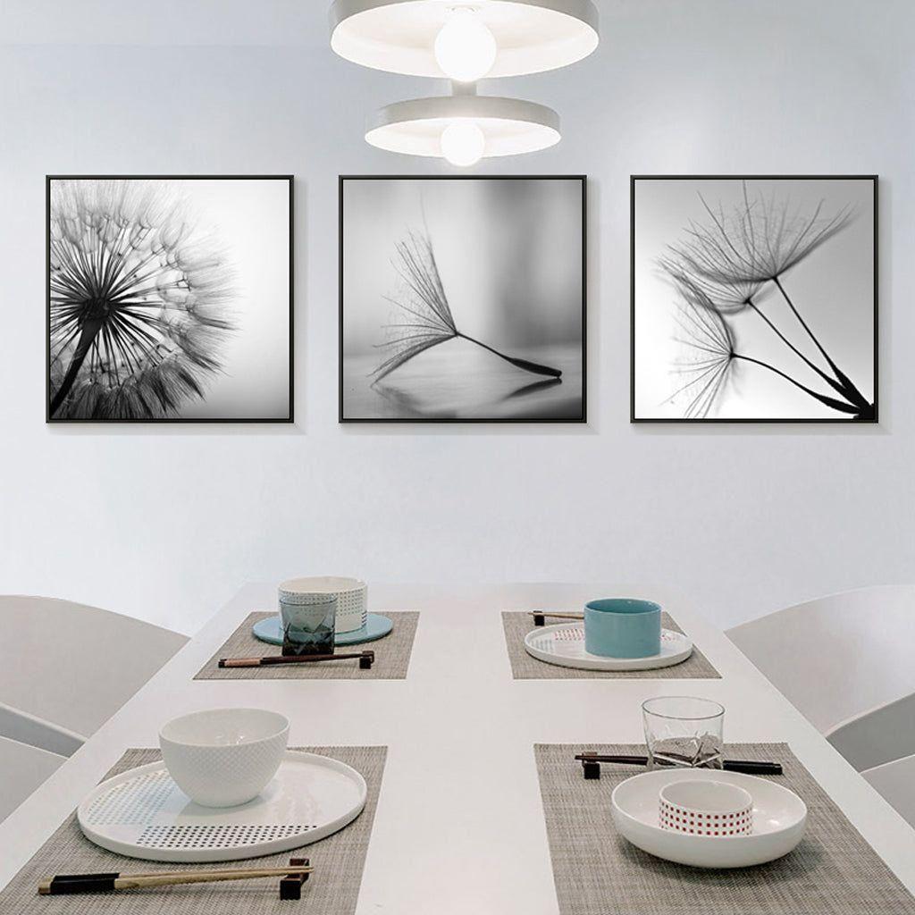 60cmx60cm Botanical dandelions 3 Sets Black Frame Canvas Wall Art - Magdasmall