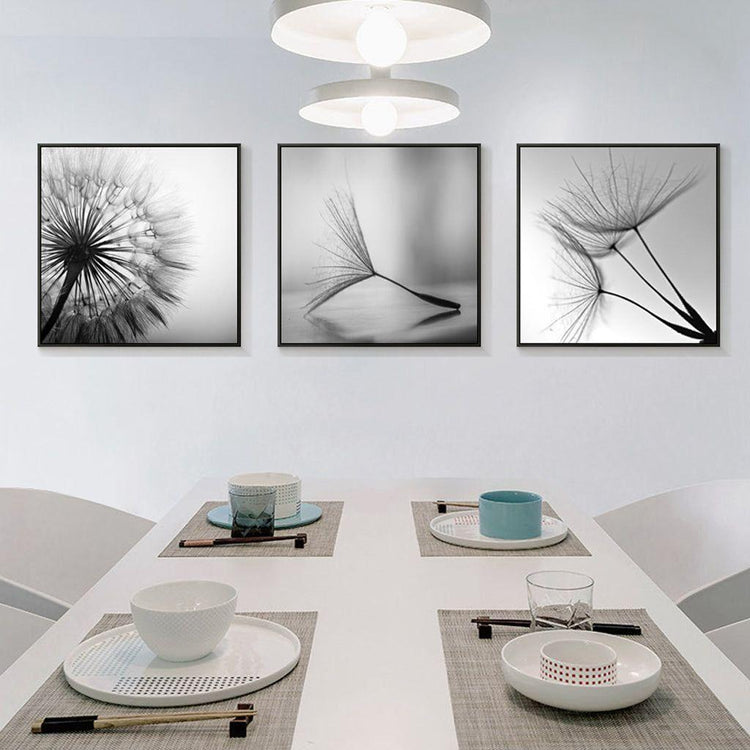 60cmx60cm Botanical dandelions 3 Sets Black Frame Canvas Wall Art - Magdasmall