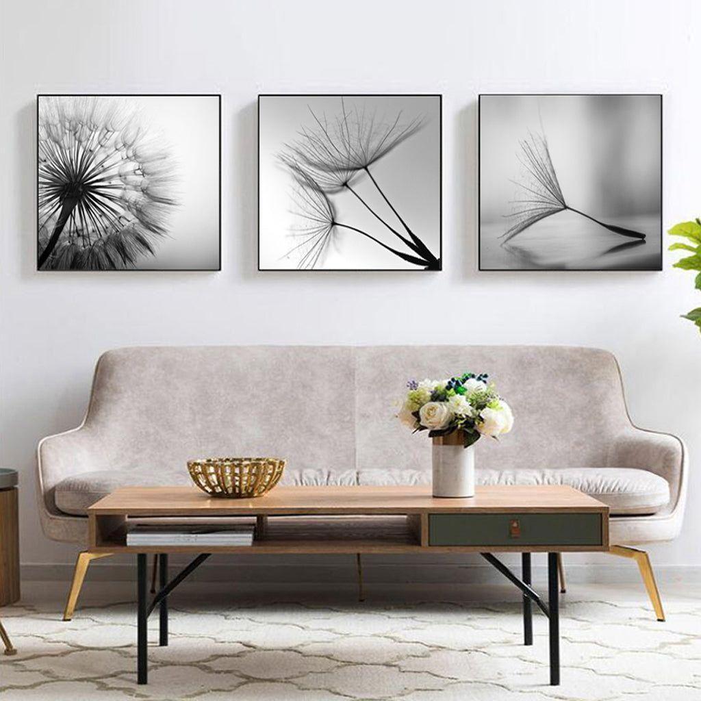 60cmx60cm Botanical dandelions 3 Sets Black Frame Canvas Wall Art - Magdasmall