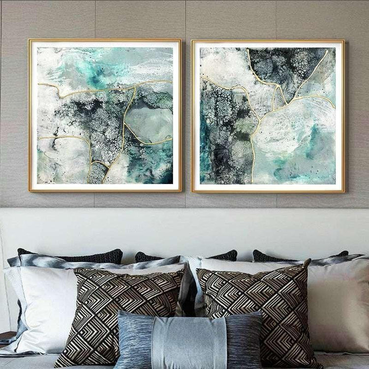 60cmx60cm Marbled Green 2 Sets Gold Frame Canvas Wall Art - Magdasmall