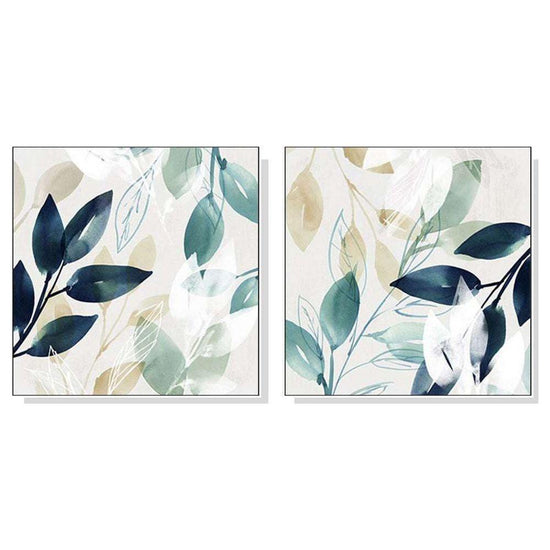 60cmx60cm Watercolour style leaves 2 Sets White Frame Canvas Wall Art - Magdasmall