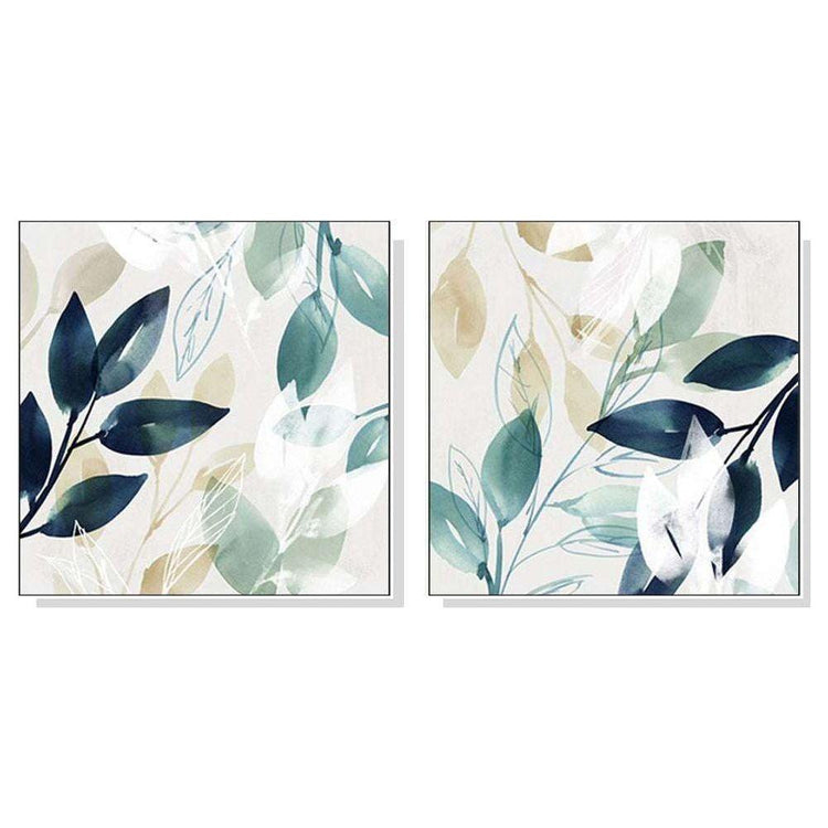 60cmx60cm Watercolour style leaves 2 Sets White Frame Canvas Wall Art - Magdasmall