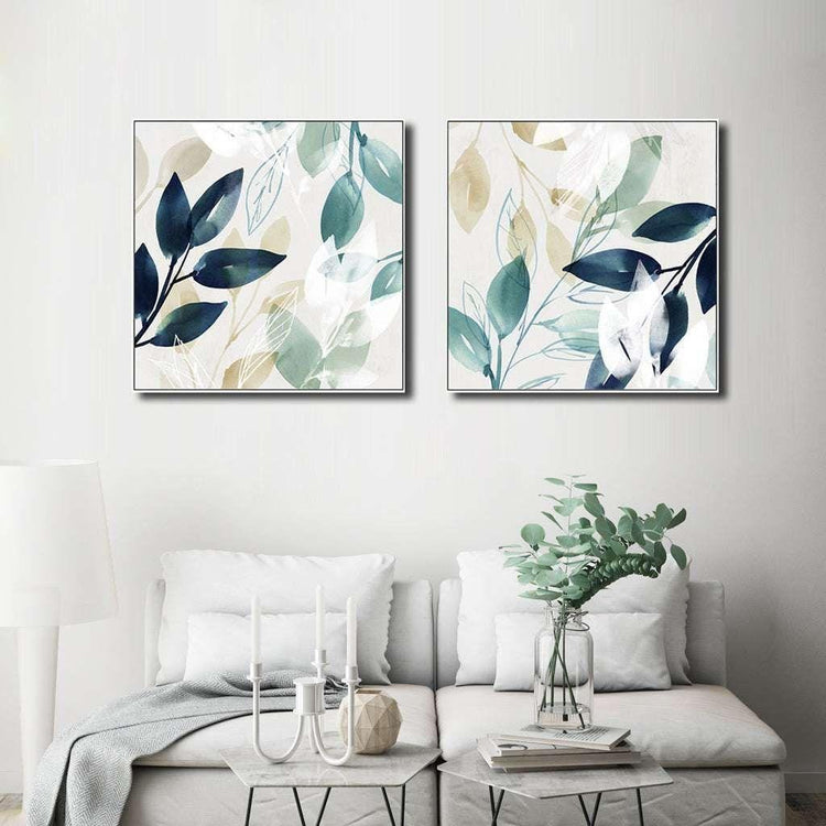 60cmx60cm Watercolour style leaves 2 Sets White Frame Canvas Wall Art - Magdasmall