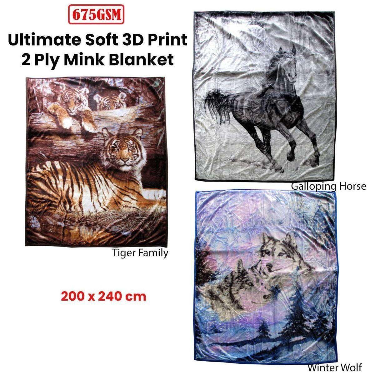675gsm 2 Ply 3D Print Faux Mink Blanket Queen 200x240 cm Tiger Family - Magdasmall