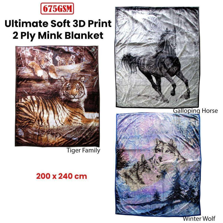 675gsm 2 Ply 3D Print Faux Mink Blanket Queen 200x240 cm Tiger Family - Magdasmall