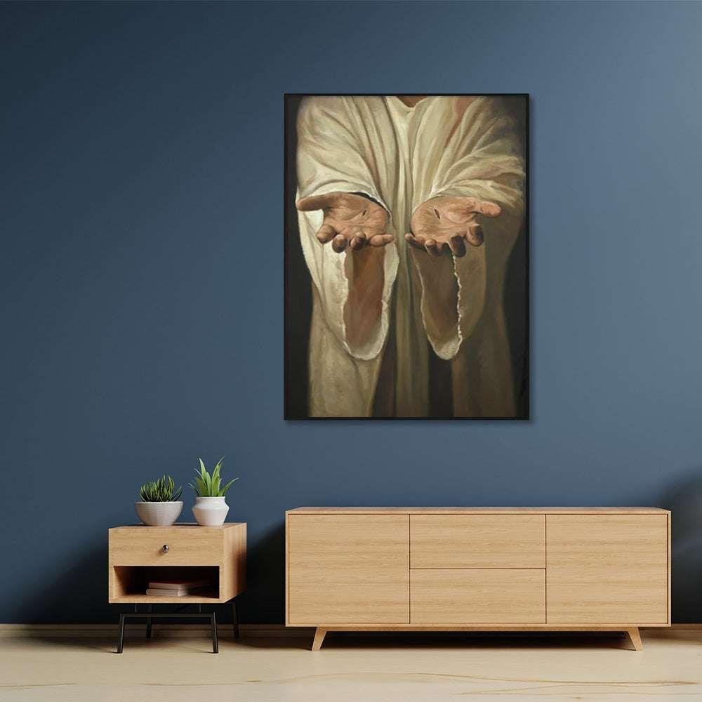 70cmx100cm Jesus Nail Hand Black Frame Canvas Wall Art