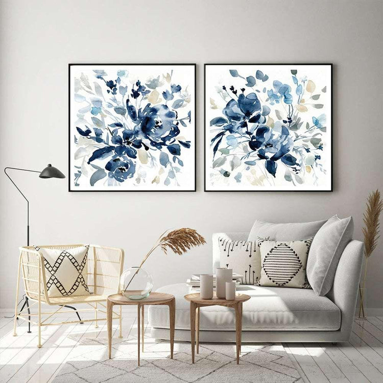 70cmx70cm Indigo Garden By Carol Robinson 2 Sets Black Frame Canvas Wall Art - Magdasmall