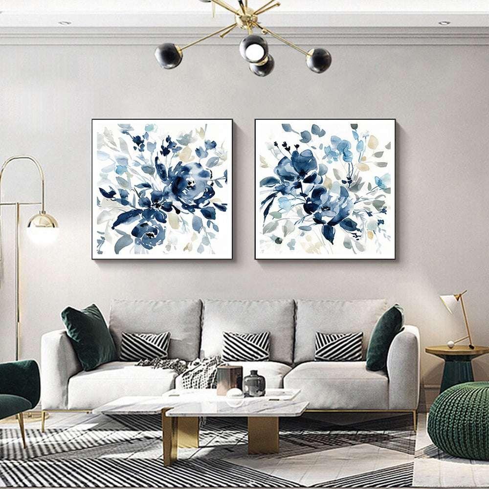 70cmx70cm Indigo Garden By Carol Robinson 2 Sets Black Frame Canvas Wall Art - Magdasmall