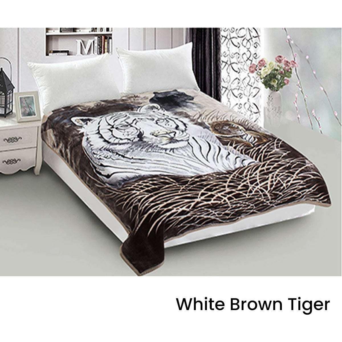 800GSM Luxury Reversible Animal Mink Blanket Queen 200 x 240 cm White Brown Tiger - Magdasmall