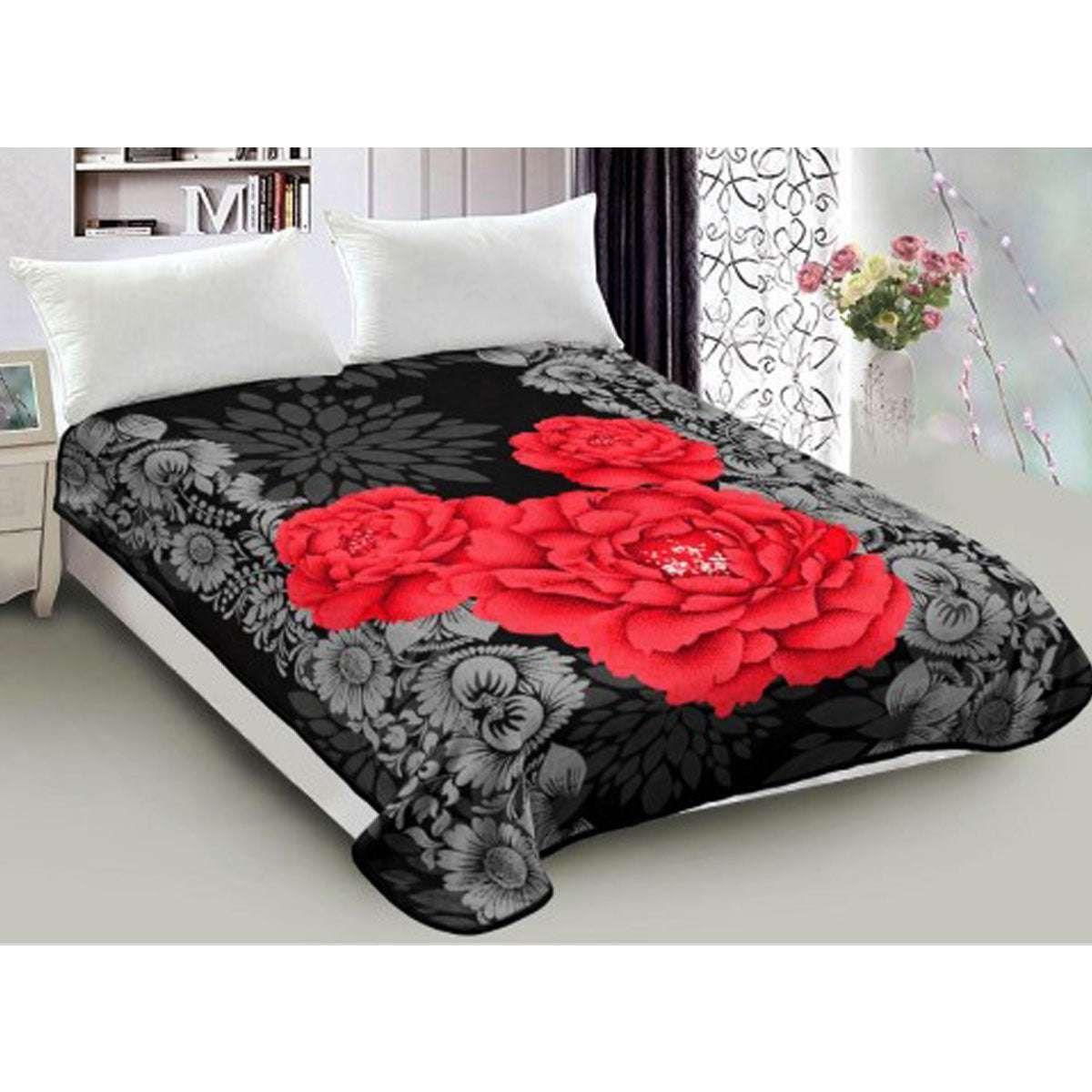 800GSM Luxury Reversible Mink Blanket Red Floral Queen 200 x 240 cm - Magdasmall