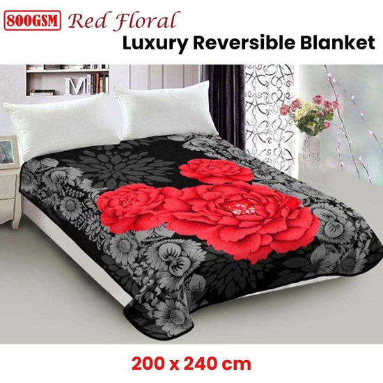 800GSM Luxury Reversible Mink Blanket Red Floral Queen 200 x 240 cm - Magdasmall