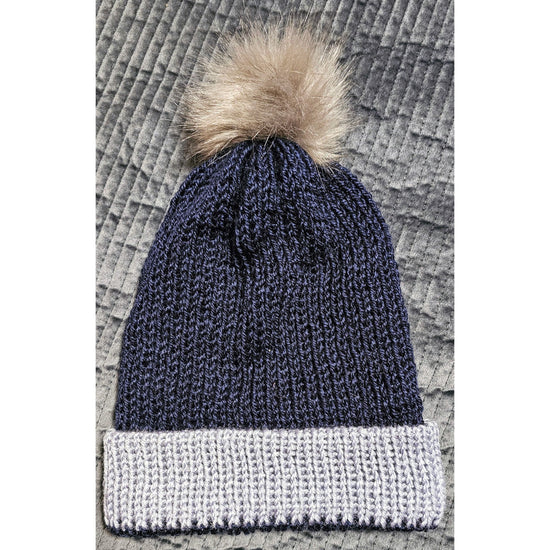 Soft Navy/Grey Brim Beanie with Removable Pom Pom - Handmade Knit Winter Hat- Adult Hat