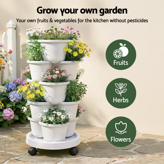 Green Fingers 5 Tier Vertical Garden Planter, Stackable Planters with Wheels, White, Garden Bed, Garden Tower Indoor Outdoor, Auto Drainage System, for Strawberries, Herbs, Flowers, Vegetables