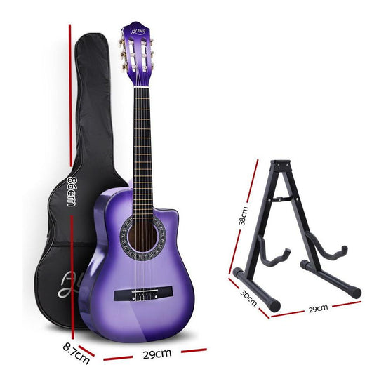 Alpha 34" Inch Guitar Classical Acoustic Cutaway Wooden Ideal Kids Gift Children 1/2 Size Purple with Capo Tuner