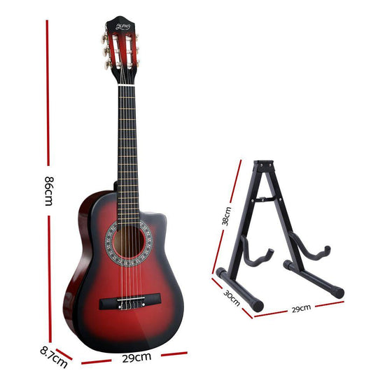 Alpha 34" Inch Guitar Classical Acoustic Cutaway Wooden Ideal Kids Gift Children 1/2 Size Red with Capo Tuner