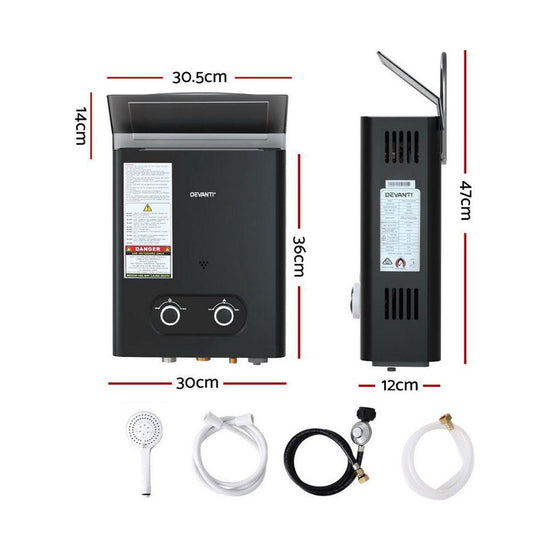 Devanti Portable Gas Water Heater 6L/Min LPG System Black