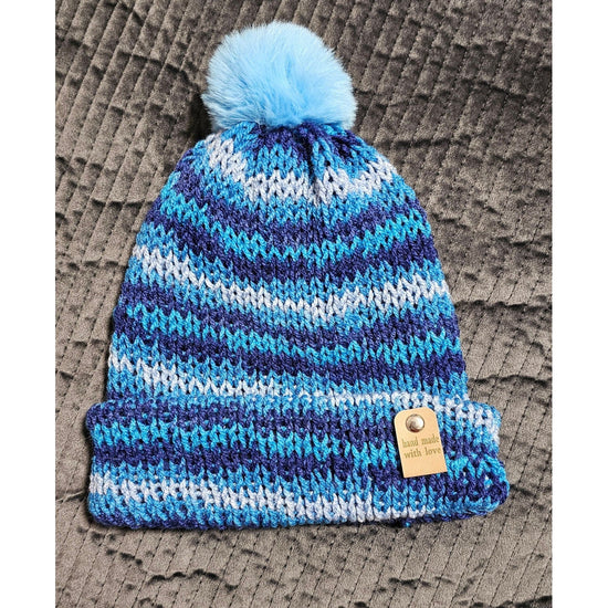 Cozy Blue Beanie with Pom Pom - Handmade Knit Winter Hat- Children Hat