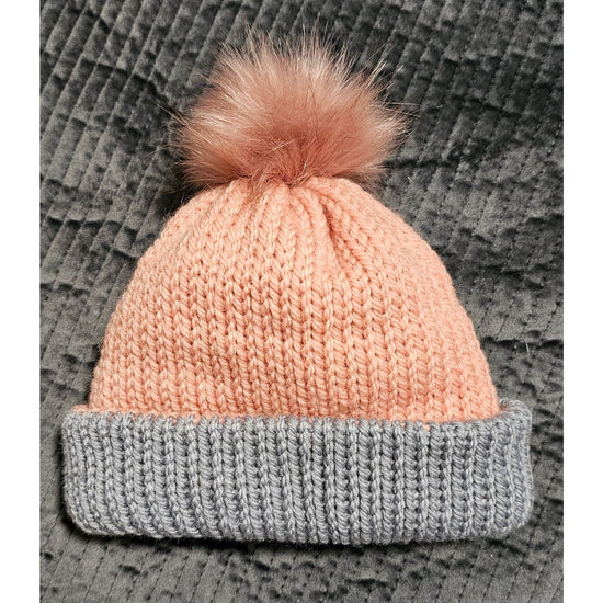 Cozy Thick Pink/Grey Reversable Beanie with Removable Pom Pom - Handmade Knit Winter Hat- Child&