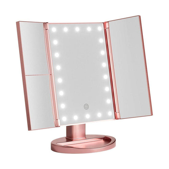 Embellir Tri-fold Makeup Mirror 1X2X3X Magnifying with LED Light Travel Portable Pink